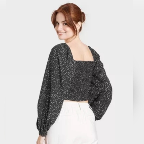 A New Day Black Long Balloon Sleeve Ruched Front Smocked Back Top - Picture 3 of 15